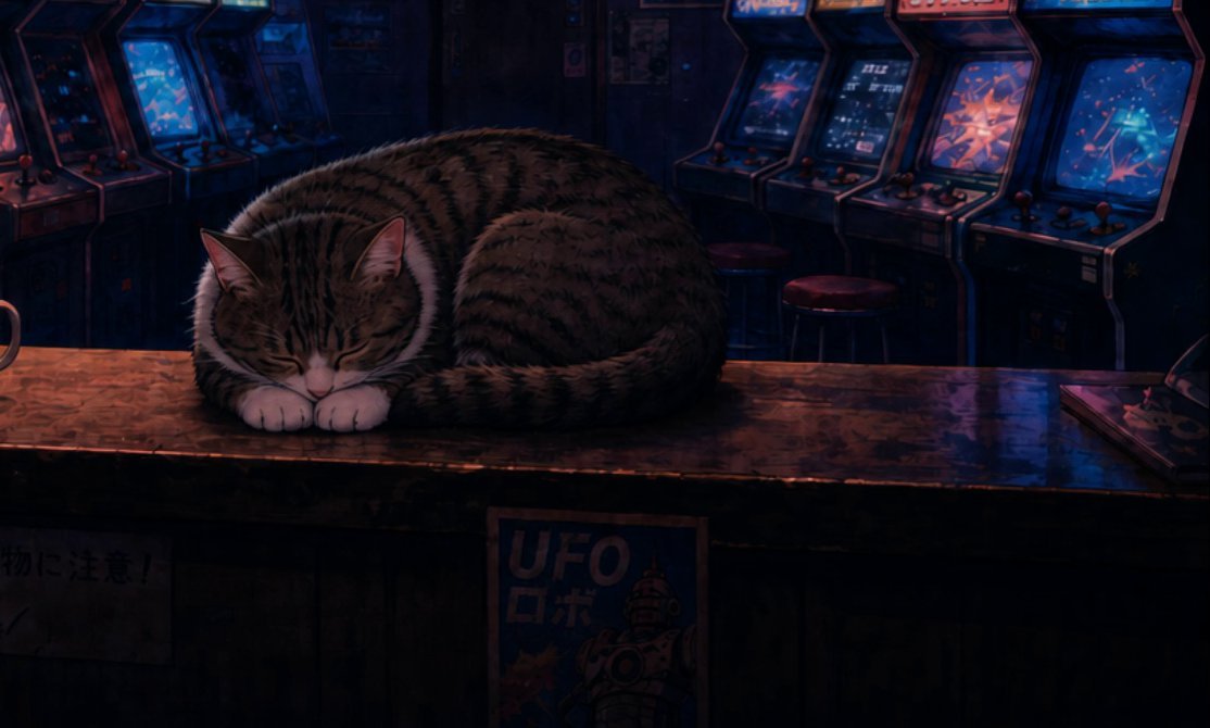 A tabby cat asleep on the arcade counter
